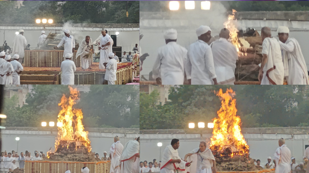 Madhavi Raje was lit by her son Jyotiraditya Scindia. Scindia became emotional while lighting the funeral pyre.