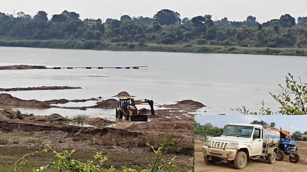 There is no one to stop the machines running illegal sand mining in the middle of the river on the ghats of Narmada.