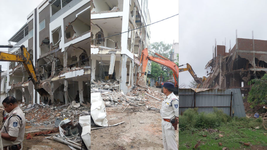 Removal action was taken against three hostels built against rules in Indore.