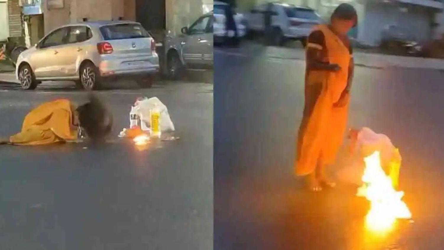 In Jabalpur, a woman is seen performing some kind of ritual in the middle of a busy road.