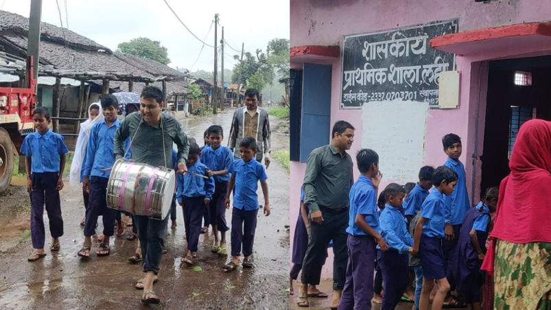 Teachers bringing children from home to school by playing drums