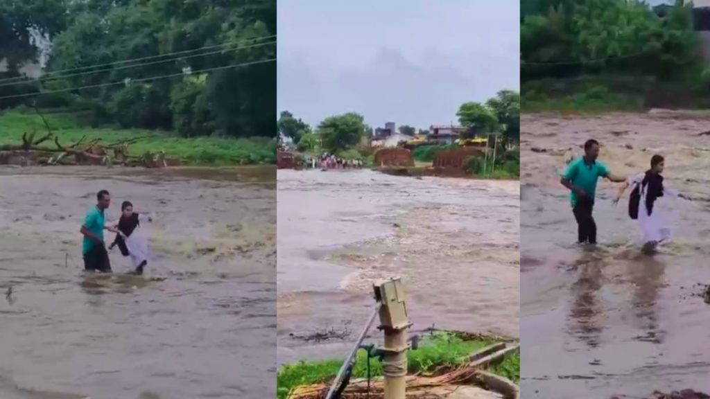 A young man rescues a girl student trapped in a culvert