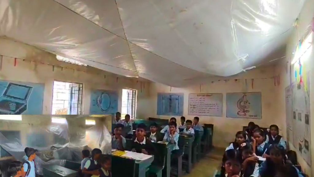 Innocent children applying raincoat to a leaking roof