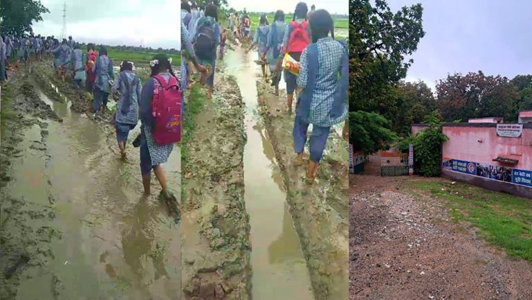 In Alirajpur, girl students are forced to travel on muddy roads.