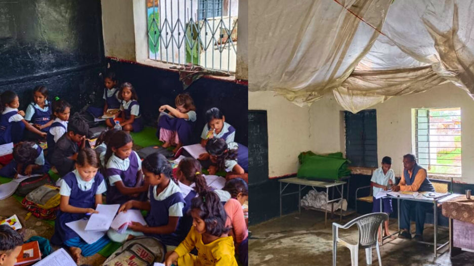 children studying under a leaking roof