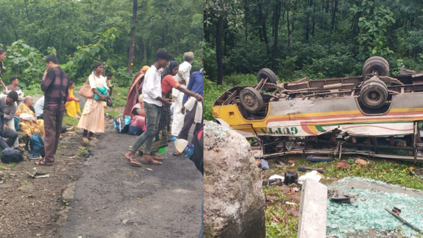 The bus broke the railing at Delawadi Ghat and fell into the field.