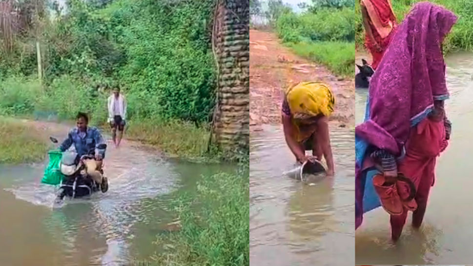 Tribal people crossing the drain due to lack of road