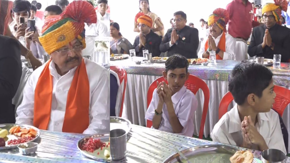 Minister Kailash Vijay reached among the class children and had mid-day meal.