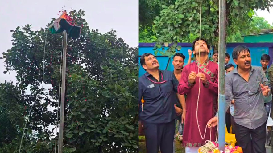 Peethadhishwar Dhirendra Krishna Shastri of Bageshwar Dham hoisting the flag.