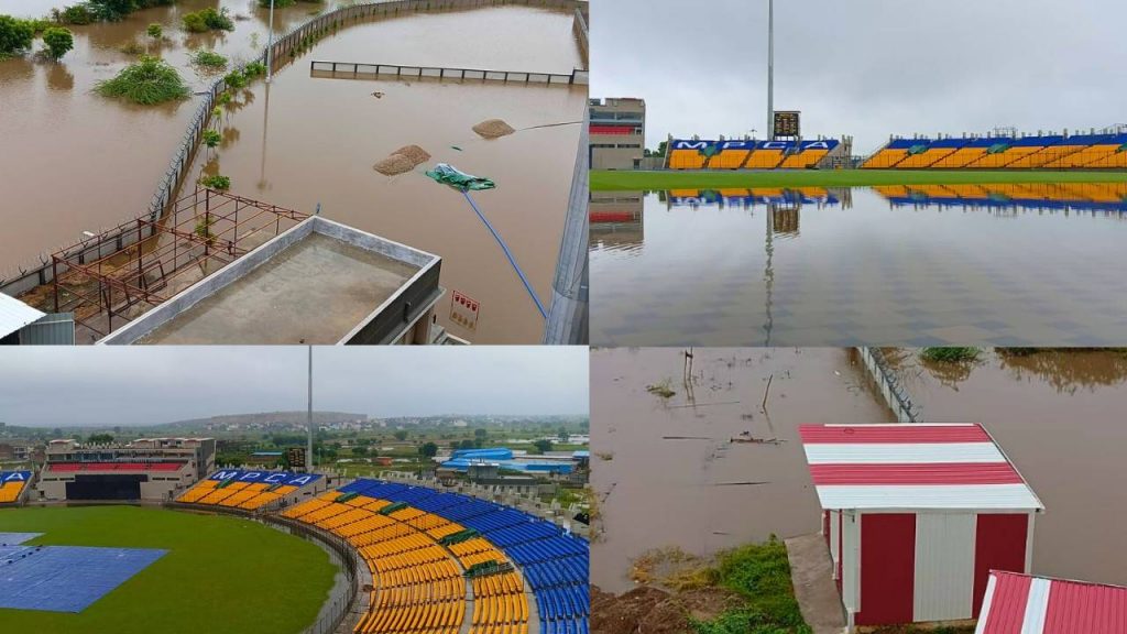 After torrential rains, the new cricket stadium built at a cost of crores got submerged.