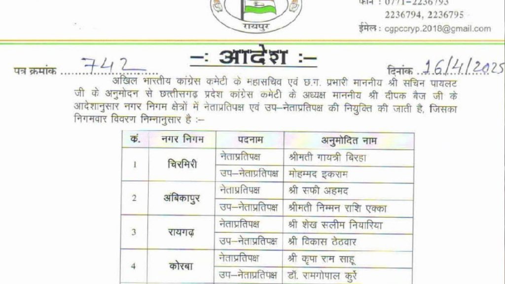 In Chhattisgarh, Congress released the list of all opposition leaders of the Municipal Corporation.