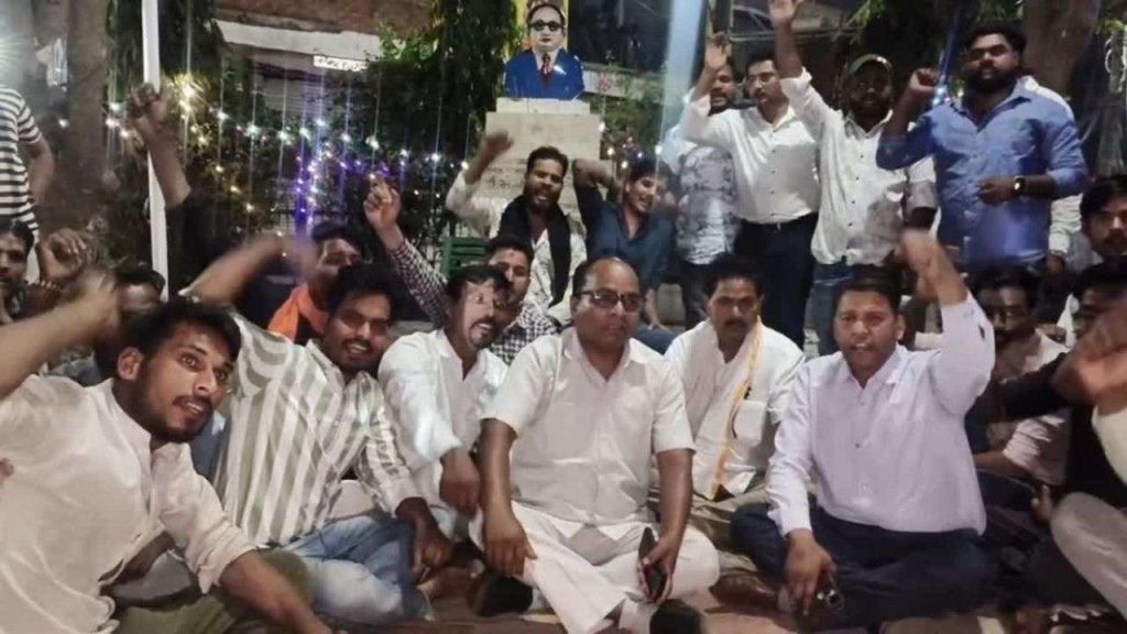 Protest by people angry over blackening of Baba Saheb's statue.