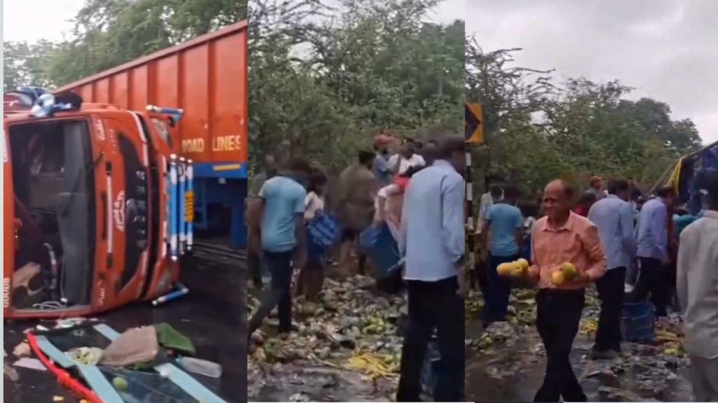 After the truck overturned in Ratlam, there was a race to loot mangoes.