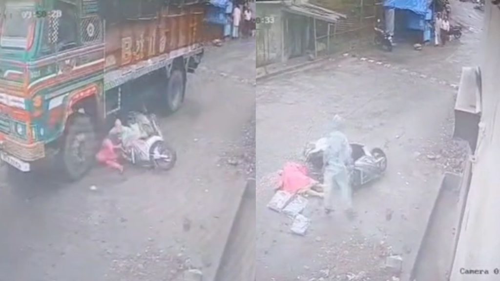 A woman riding a scooter came under a truck in Betul. A 10-year-old child narrowly escaped.