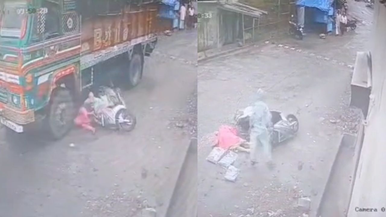 A woman riding a scooter came under a truck in Betul. A 10-year-old child narrowly escaped.