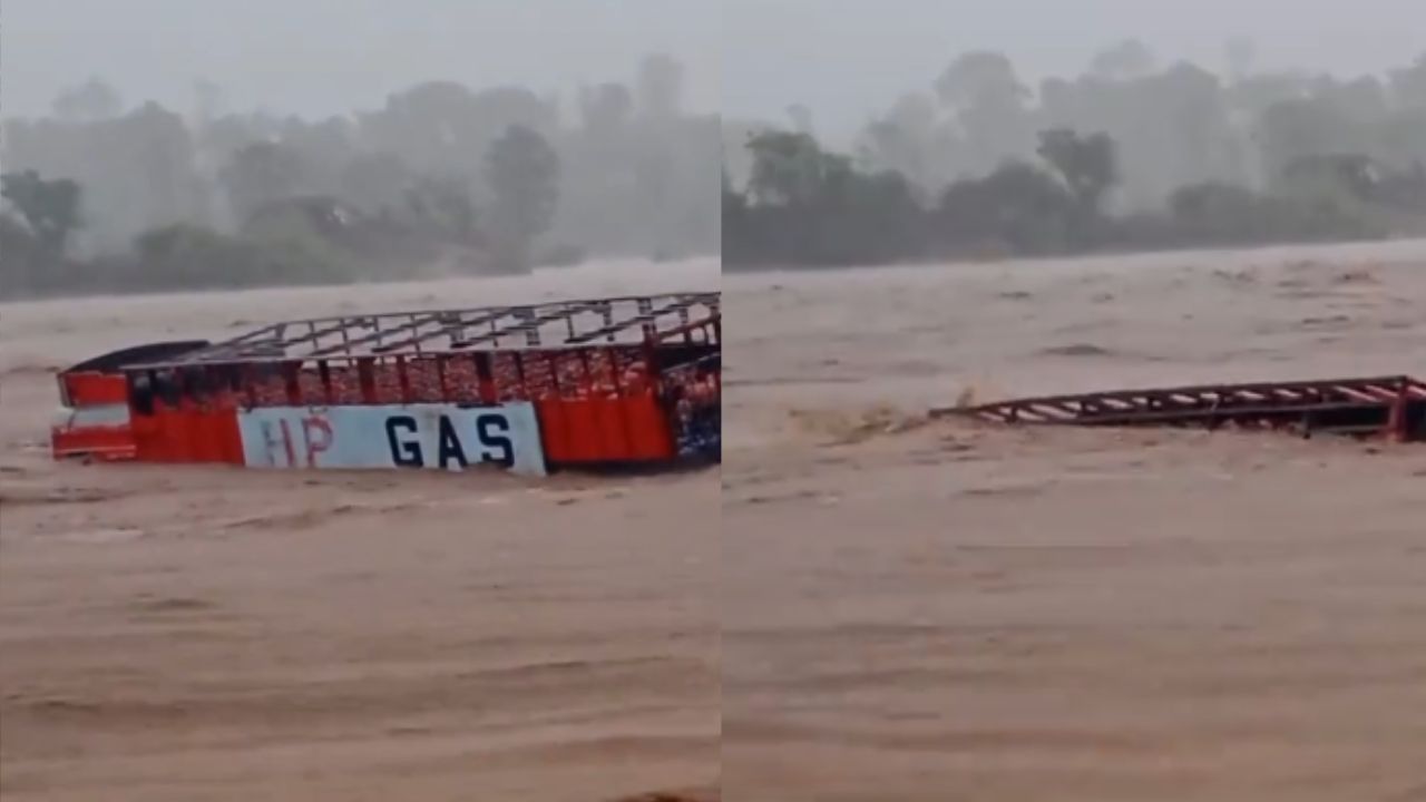 A truck loaded with gas cylinders was swept away into a river in Jabalpur.