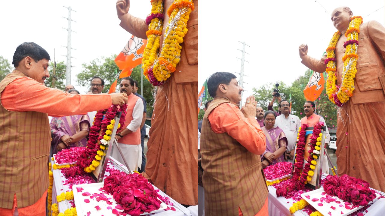 CM Dr. Mohan Yadav garlanded the statue of Shyama Prasad Mukherjee.