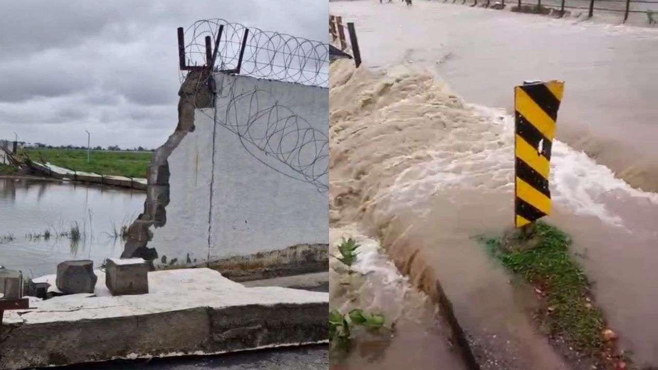 Due to continuous rain the airport wall collapsed in Rewa.