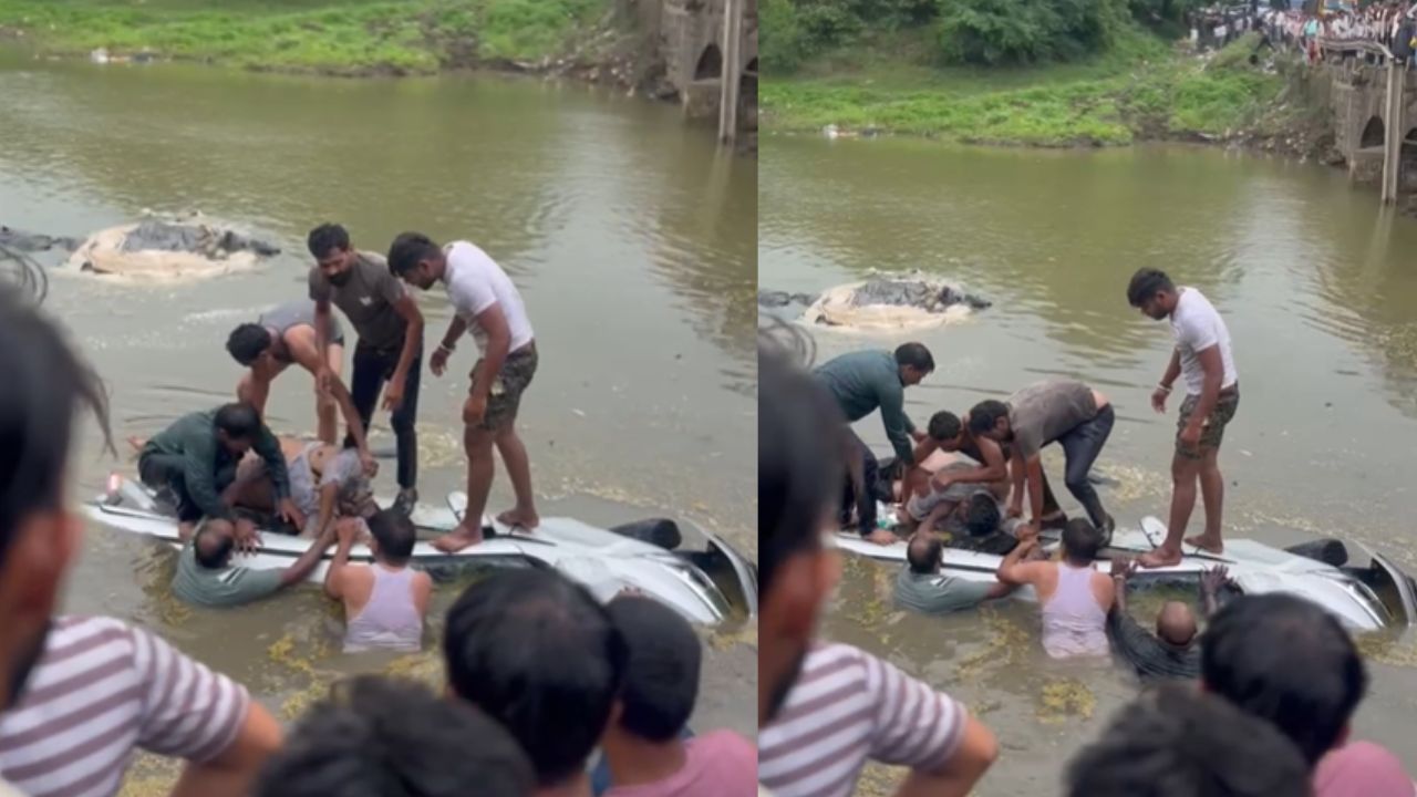 The villagers rescued the car riders after they fell into the river.