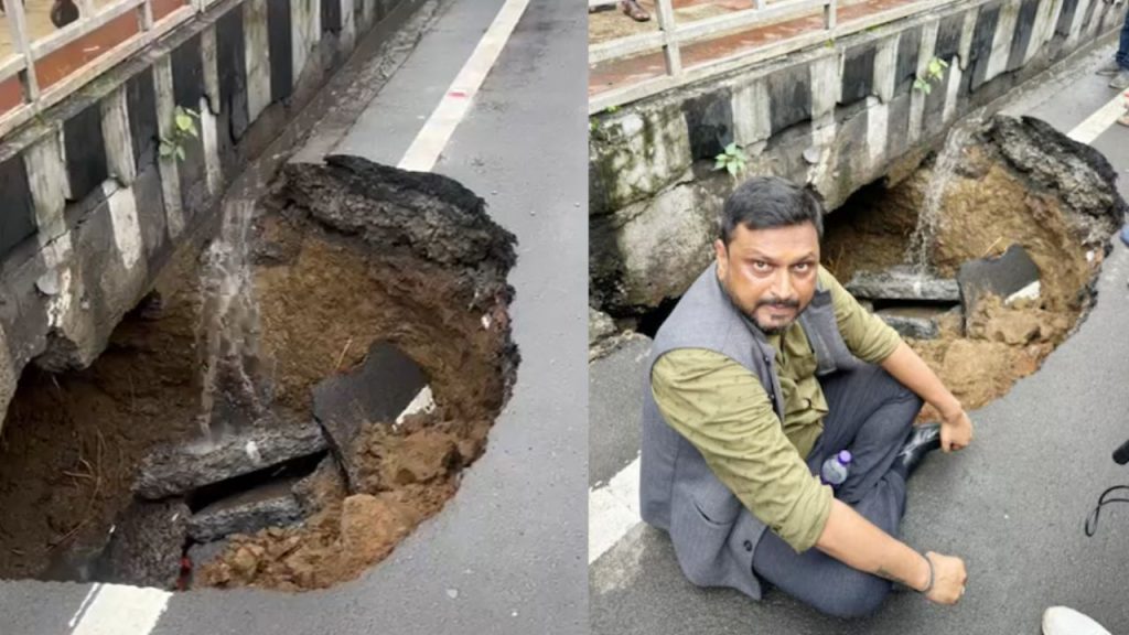 Congress spokesperson Abhinav Barelia staged a protest after the road caved in near Board Office Square in Bhopal.