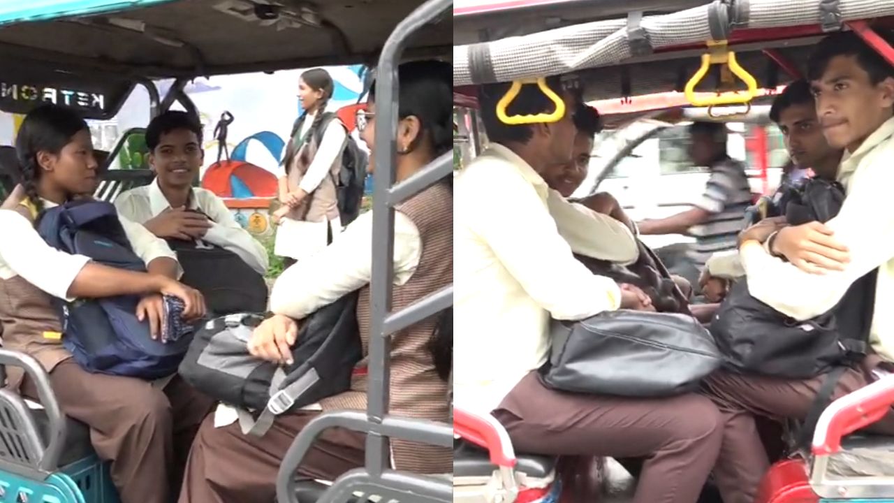 Despite the ban in Bhopal, school children are still being transported on e-rickshaws.