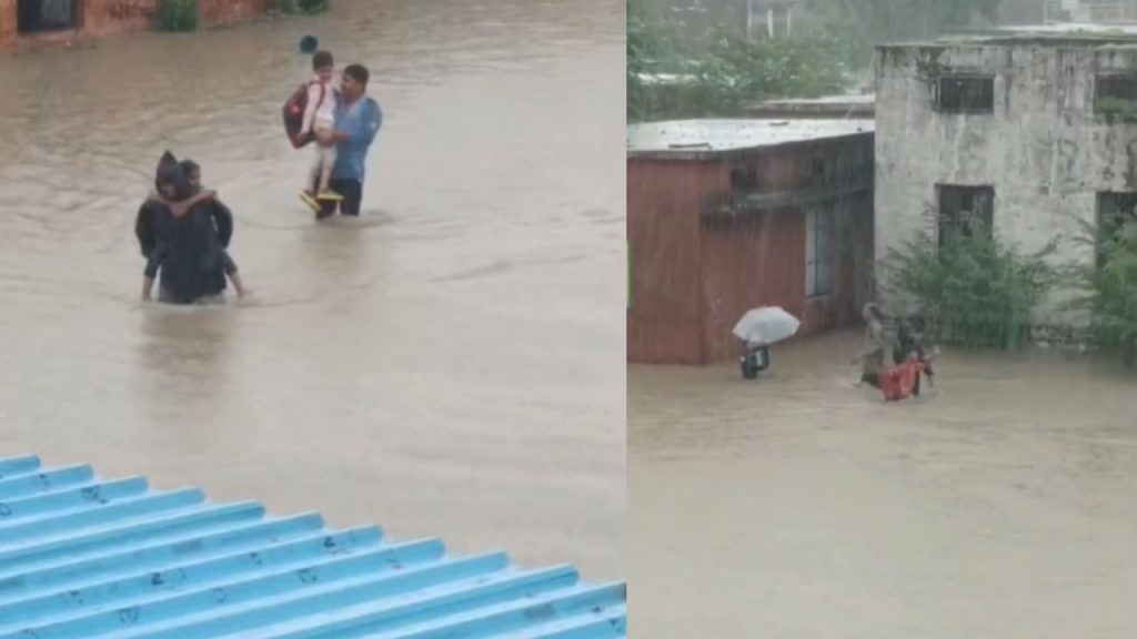 Children trapped in school were evacuated after continuous rain in Shivpuri.