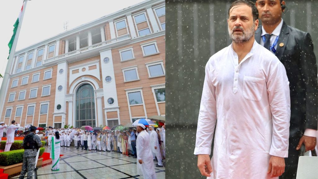 Rahul Gandhi sang the national anthem while getting wet.