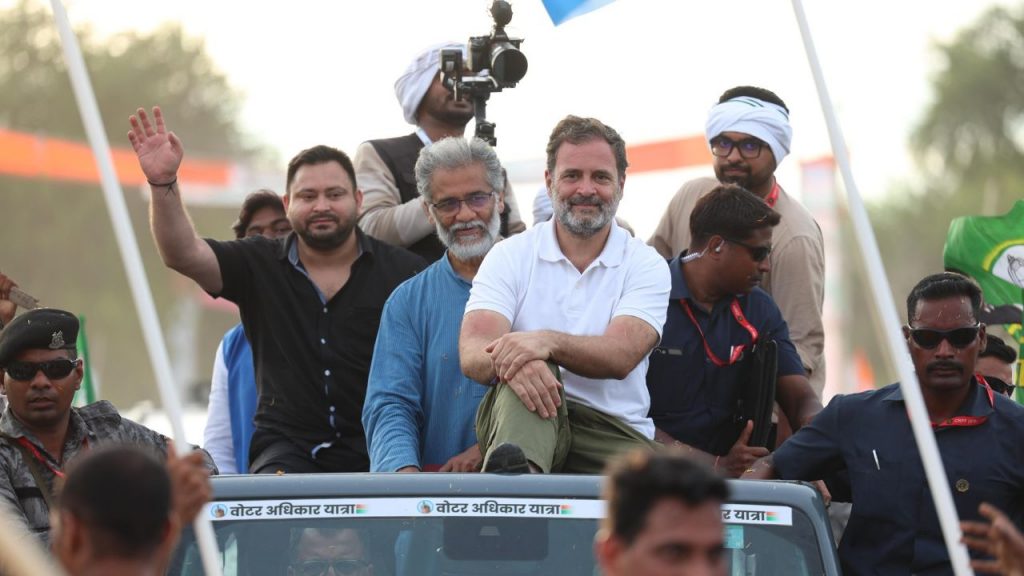 Rahul Gandhi and Tejashwi Yadav during the Vote Rights Yatra in Bihar.