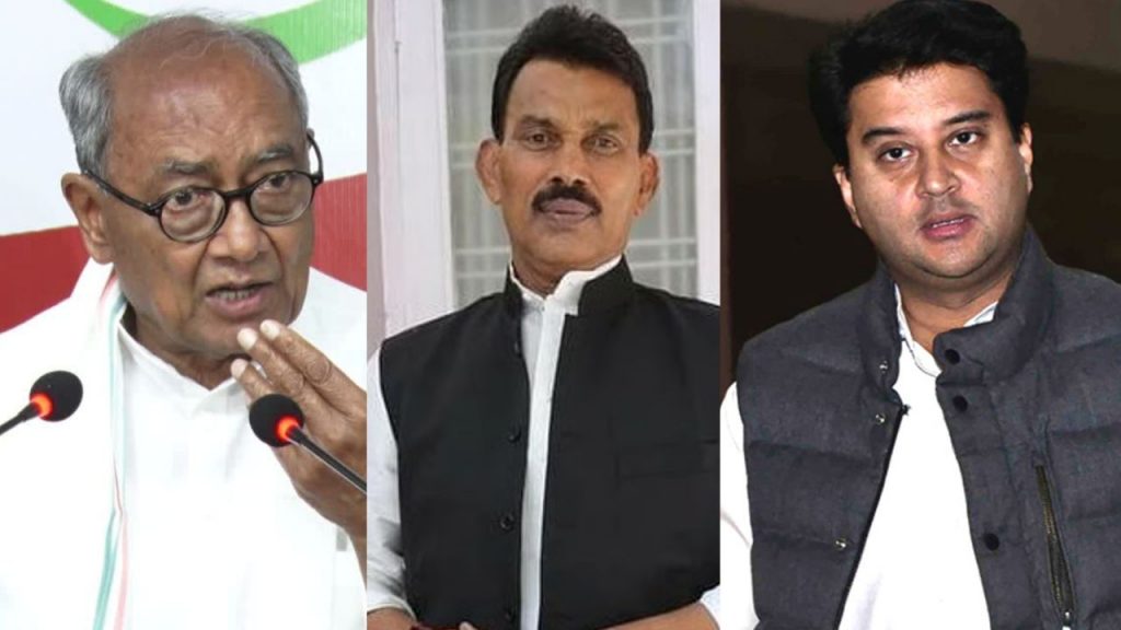 Rajya Sabha MP Digvijay Singh, Cabinet Minister Tulsiram Silawat, Union Minister Jyotiraditya Scindia (file photo)