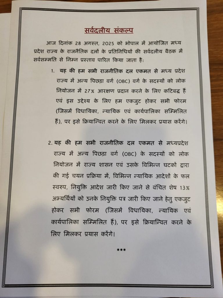 Madhya Pradesh OBC 27 percent reservation: Resolution issued in all party meeting