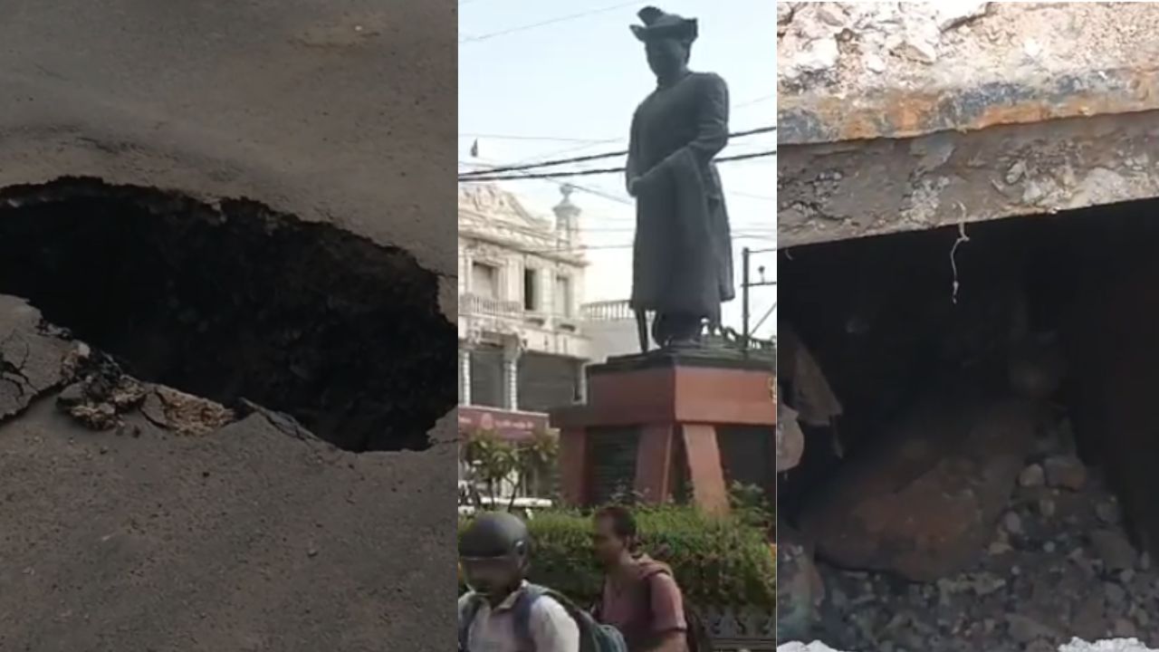 Gwalior: Road collapses again, pit seen near the statue of former Union Minister Madhavrao Scindia