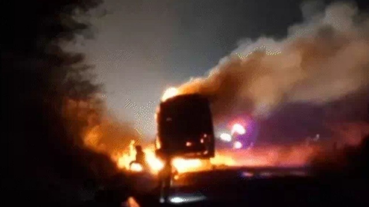 Coach bus catches fire in video