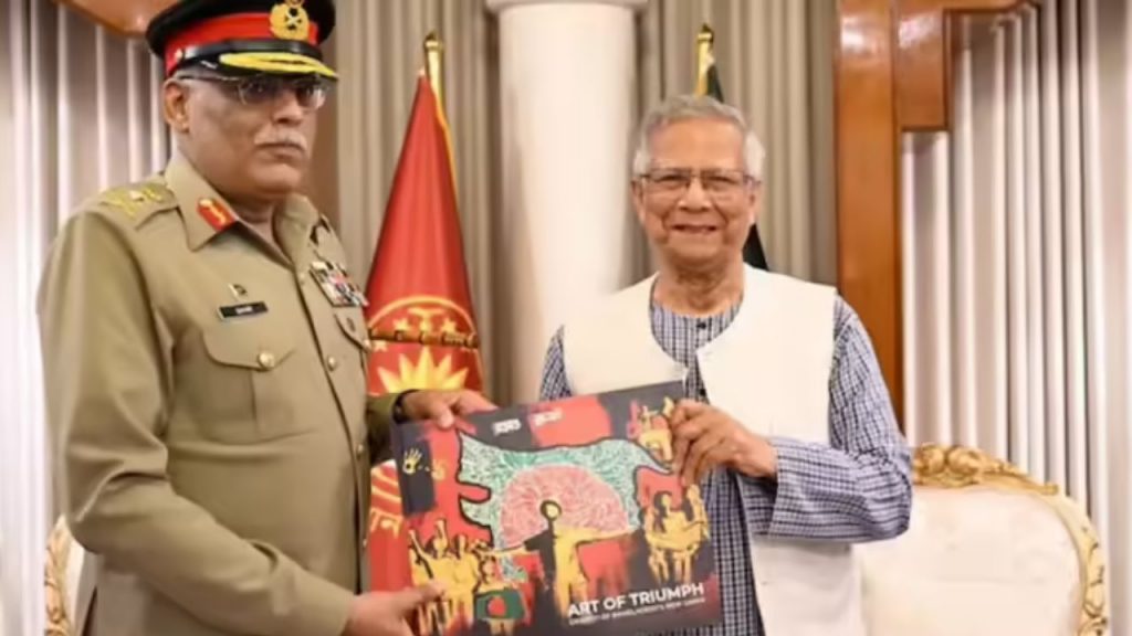 Mohammad Yunus gifting the 'Art of Triumph' to a Pakistani General.