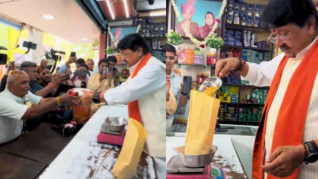Kailash Vijayvargiya was seen giving goods to customers at his ancestral shop.