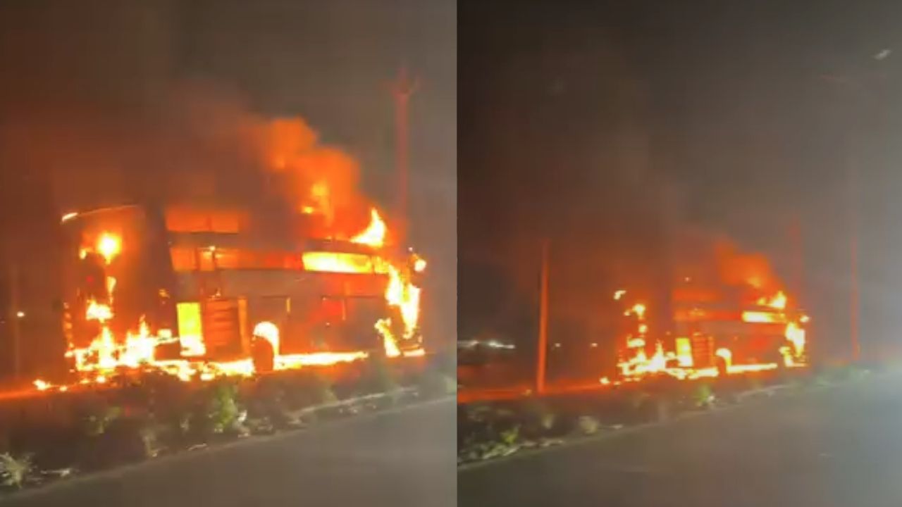 Passenger bus fire in MP burning completely with 50 passengers evacuating safely