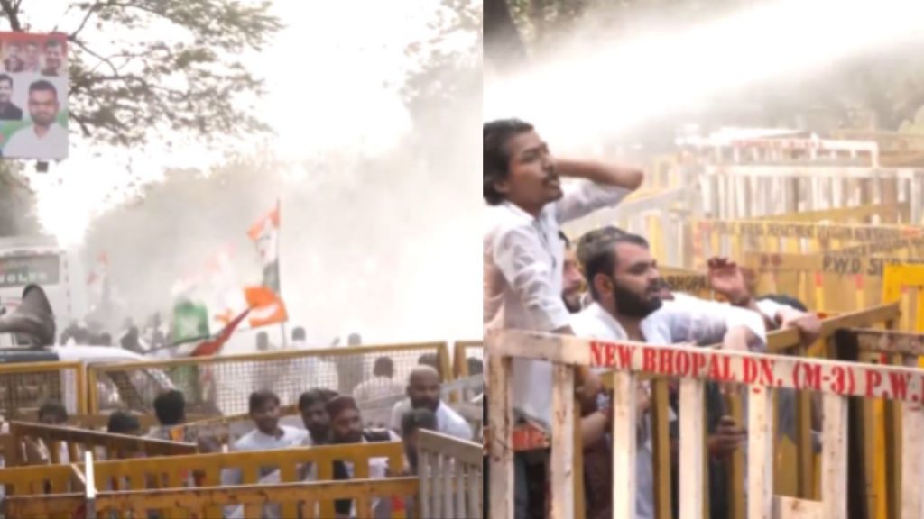 Police used water cannon on Youth Congress workers in Bhopal.