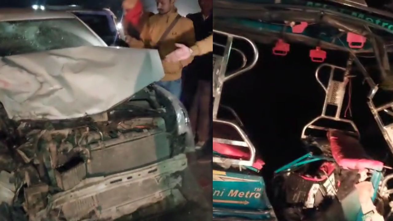 An accident occurred in Rewa due to collision between two cars and an e-rickshaw.