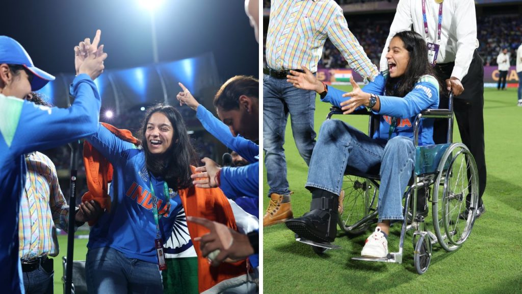Pratika Rawal on wheelchair celebrating with Indian flag after World Cup win