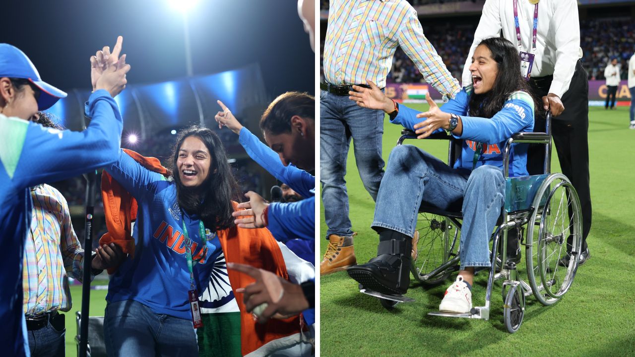Pratika Rawal on wheelchair celebrating with Indian flag after World Cup win