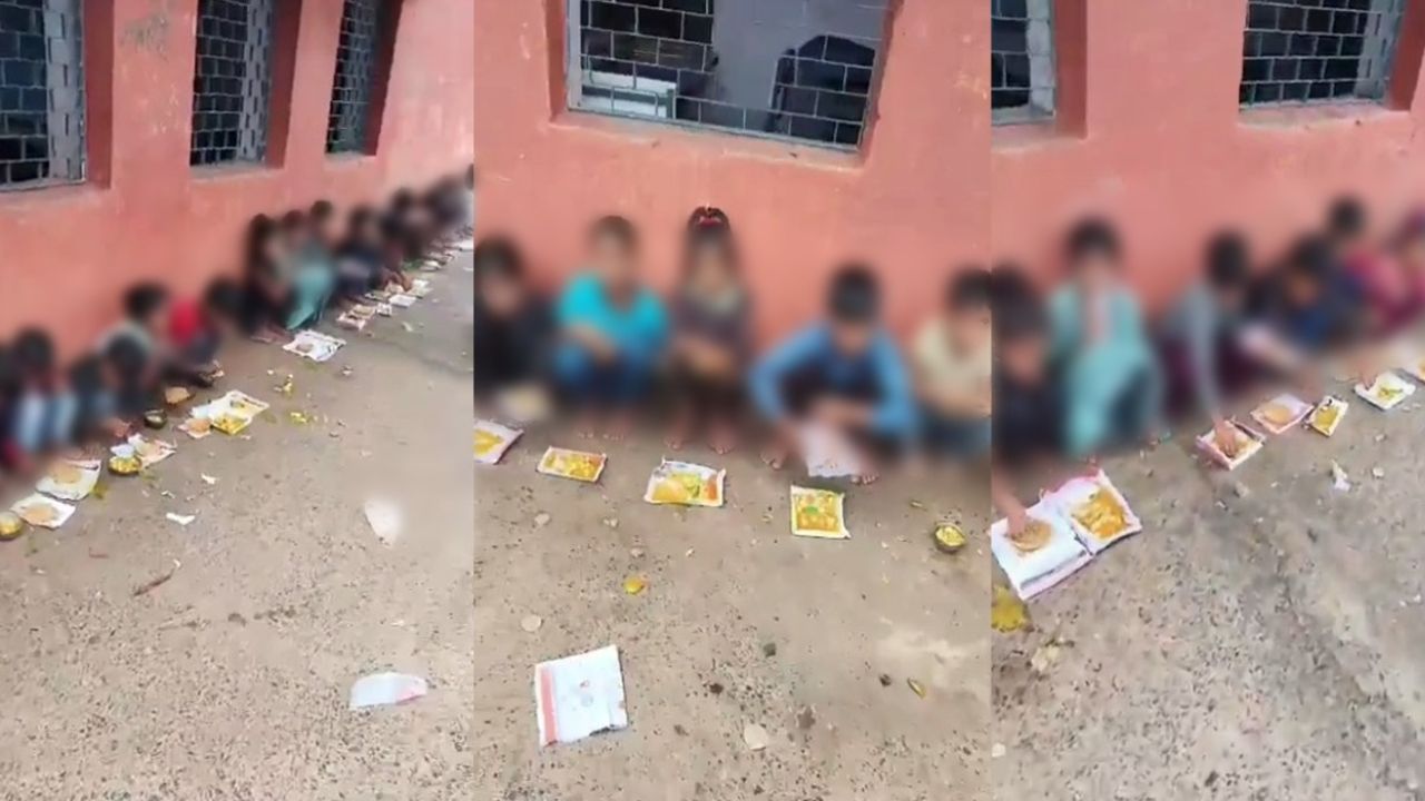 sheopur mid meal viral video Food served on the on land children