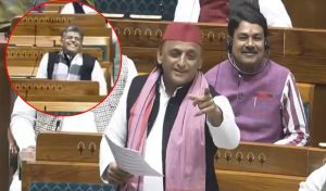 Akhilesh Yadav speaking in Parliament while Manish Tewari laughs during the Winter Session debate