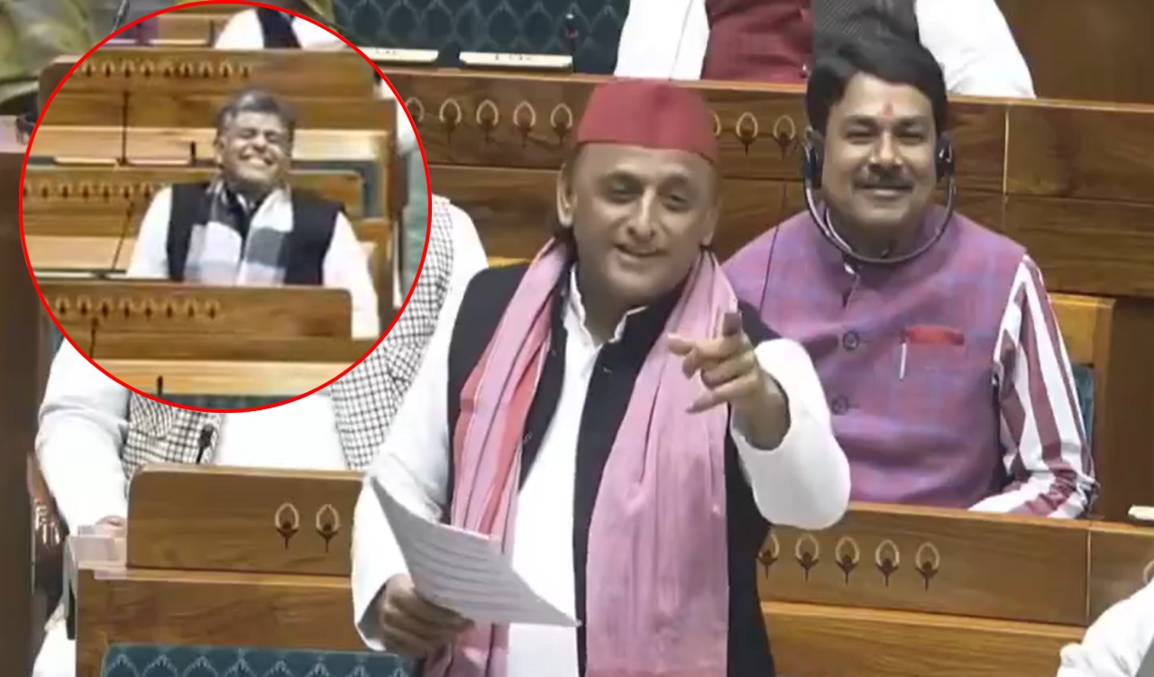 Akhilesh Yadav speaking in Parliament while Manish Tewari laughs during the Winter Session debate