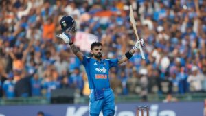 Virat Kohli celebrating his 53nd ODI century against South Africa