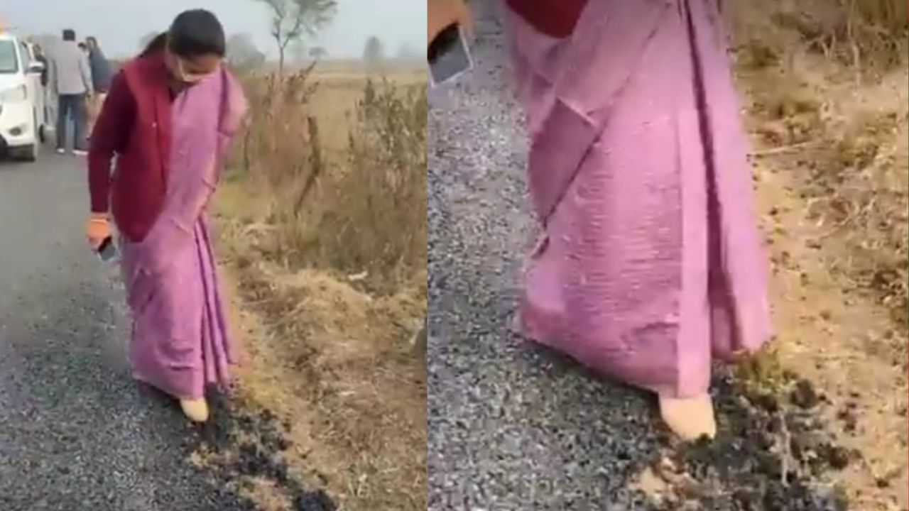 The road broke apart as soon as Minister Pratima Bagri kicked it.