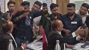 NSUI leader Akash Kanojia, who attempted to garland the principal of Kalyan College in Durg with shoes, is on the run.