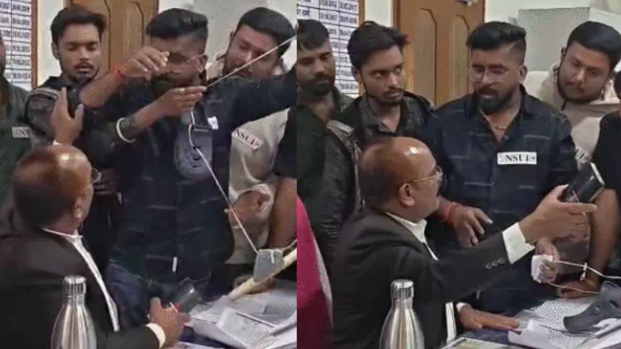 NSUI leader Akash Kanojia, who attempted to garland the principal of Kalyan College in Durg with shoes, is on the run.