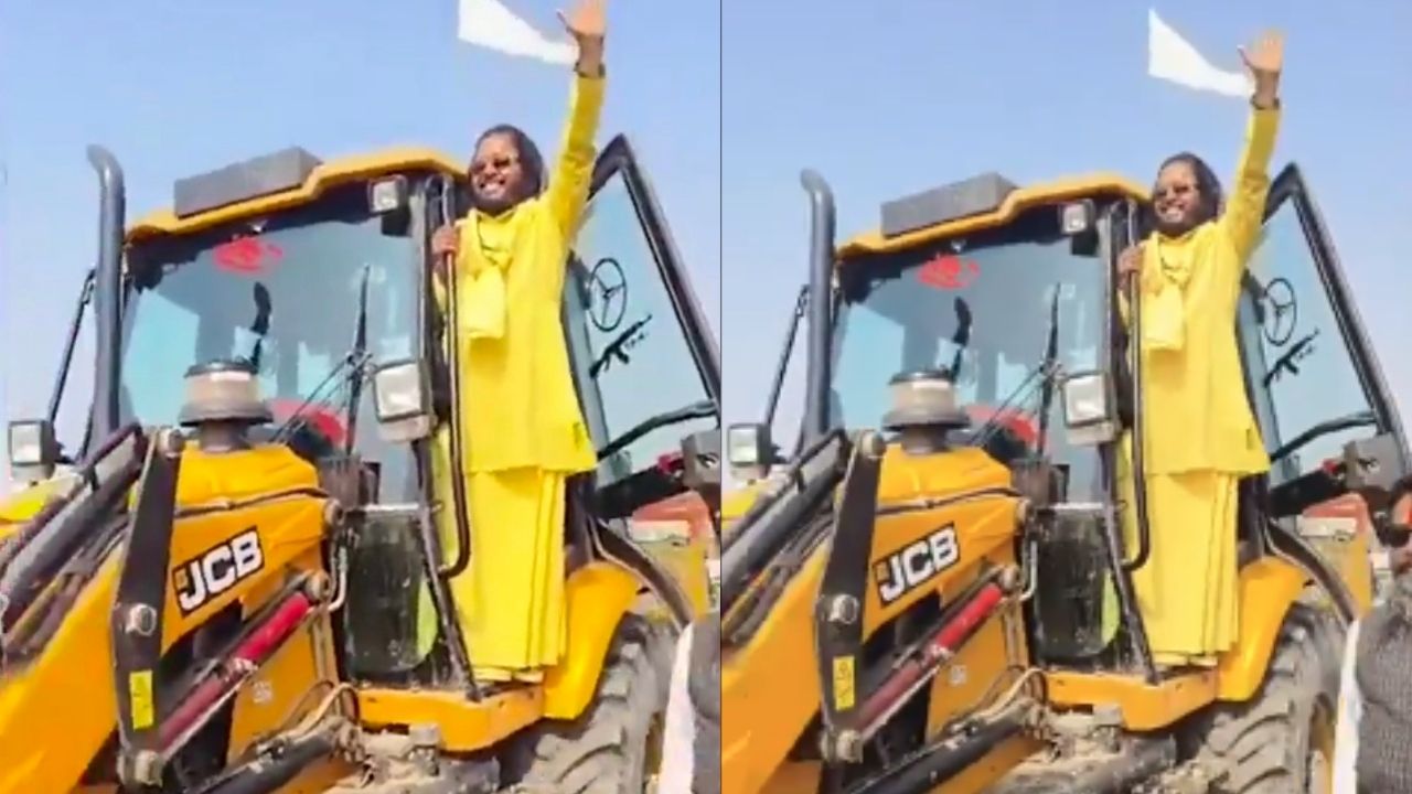 Satua Baba was seen driving a bulldozer in the Magh Mela.