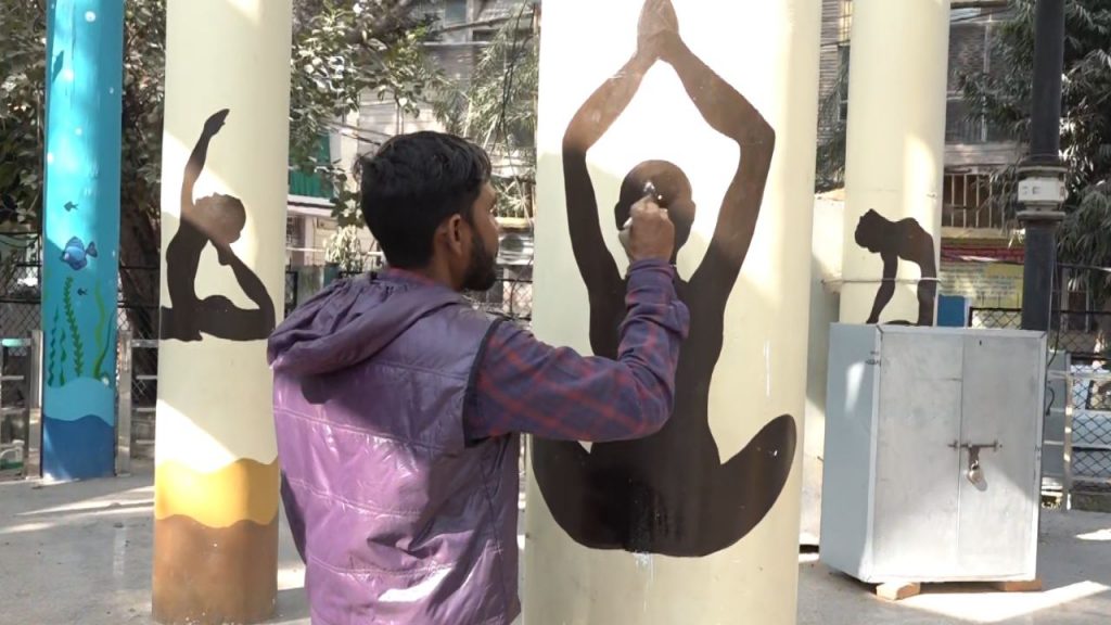 gwalior Paintings of women doing yoga have been tampered tansen nagar