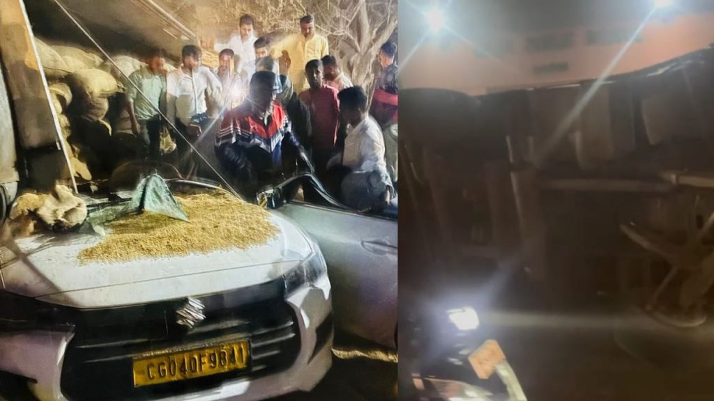 A truck loaded with paddy overturned on a car in Raipur.