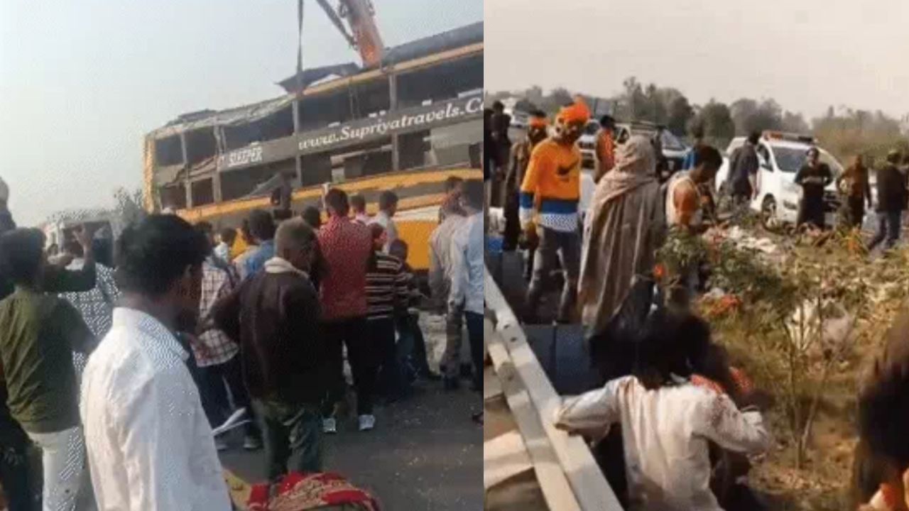 Accident due to overturning of double decker bus on Purvanchal Expressway.